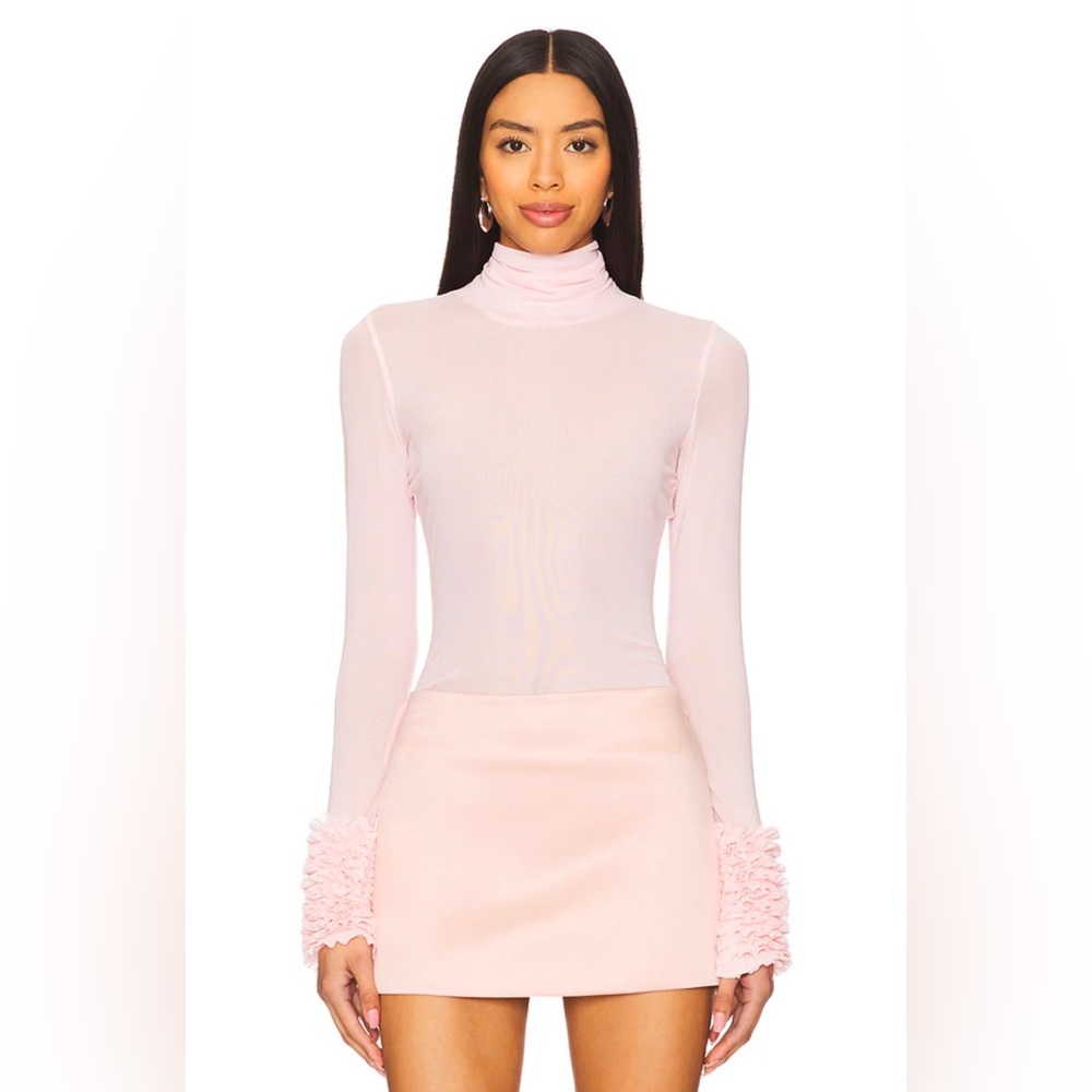 AFRM Revolve pink sheer turtleneck Helena top ruffle cuffs XS
